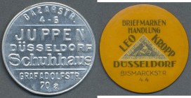 Düsseldorf, Schuhhaus Juppen, 10 Pf. Ziffer, Aluminium, Briefmarkenhandlung Leo Kropp, 5 Pf. Ziffer, Zelluloid, total 2 Kapseln