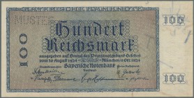Bayern: 100 Reichsmark 1924 Muster Ro. Bay24s (ohne Nummer) mit Muster Perforation und Entwertungslöchern, ganz leichter Eckknick rechts unten, ansons...