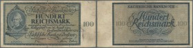 Sachsen: 100 Reichsmark 1924 Ro. SAX27 in gebrauchter Erhaltung mit Falten und kleinen Rissen, Erhaltung: F-.