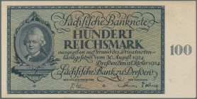 Sachsen: 100 Reichsmark 1924 einseitige Druckprobe Ro. SAX27(p) in Erhaltung: aUNC mit Resten von Kleber auf der Rückseite.