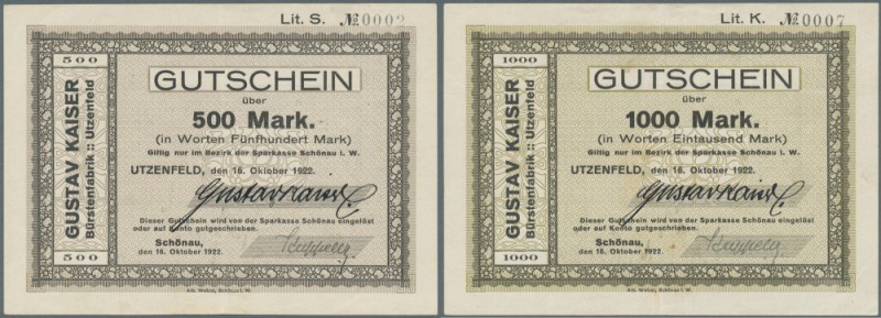 Utzenfeld, Gustav Kaiser, Bürstenfabrik, 500, 1000 Mark, 16.10.1922, mit 2 Handu...