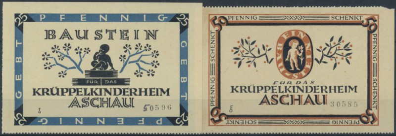 Aschau, Krüppelkinderheim, 25, 50 Pf., o. D., mit KN, Bausteine, Erh. I, 2 Schei...