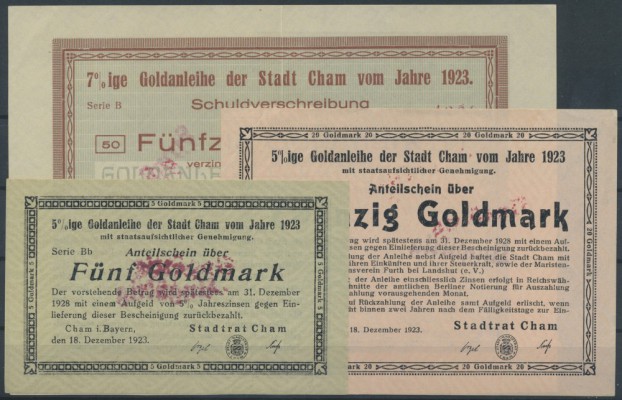 Cham, Stadt, 5, 20 Goldmark, 5%ige Goldanleihe, ohne KN, Erh. I, 20 Goldmark, 7%...