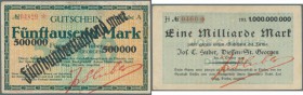 Diessen - St. Georgen, Jos. C. Huber, 500 Tsd. auf 5000 Mark, o. D., 10 Mio. Mark, 21.9., 28.9., 4.10.1923, 20 Mio. Mark, 28.9.1923, 50 Mio. Mark, 4.1...