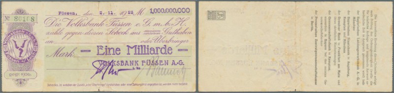 Füssen, Volksbank, 50 Mio. Mark, 24.9.1923, 100 Mio. Mark, 6.10.1923, 1 Mrd. Mar...