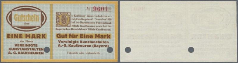 Kaufbeuren, Vereinigte Kunstsanstalten A.G., 1 Mark, o. D. - 1.12.1918, Gutschei...