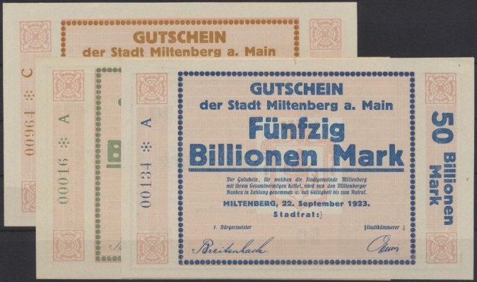 Miltenberg, Stadt, 5 Billionen Mark, Reihe C, 20 Billionen Mark, Reihe A, 50 Bil...