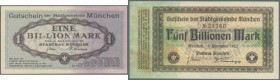 München, Stadt, 1 Bio. Mark, Muster mit Perforation ”UNGILTIG”, kassenfrisch, 5 Bio. Mark, leicht fleckig, beide 6.11.1923. 2 Scheine