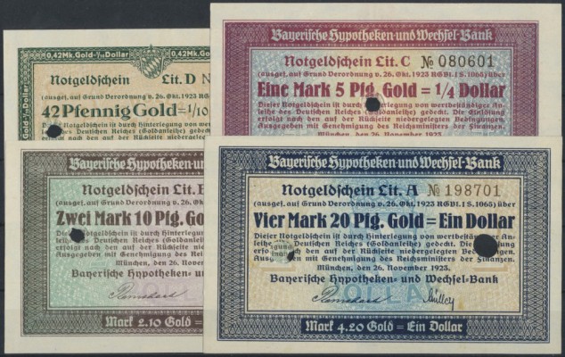 München, Bayerische Hypotheken- und Wechselbank, 42 GPf., 1.05, 2.10, 4.20 GM, 2...