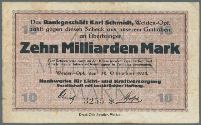 Weiden, Naabwerke für Licht- und Kraftversorgung, 10 Mrd. Mark, 30.10.1923 (Datu...