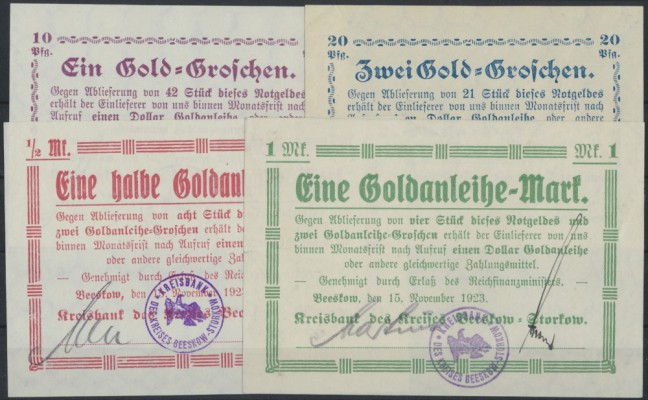 Beeskow, Kreisbank, 1, 2 Goldgroschen, 1/2, 1 Goldanleihemark, 15.11.1923, Erh. ...