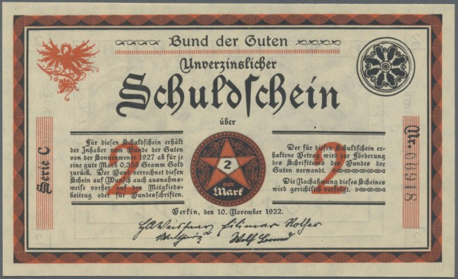 Berlin, Bund der Guten, 2 Mark, 10.11.1922, ”Unverzinslicher Schuldschein”, Erh....