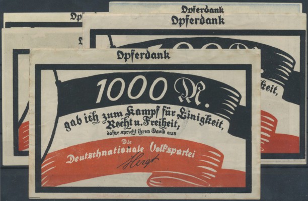 Berlin, Deutschnationale Volkspartei, 20, 50, 100, 500, 1000 Mark, o. D., Erh. I...