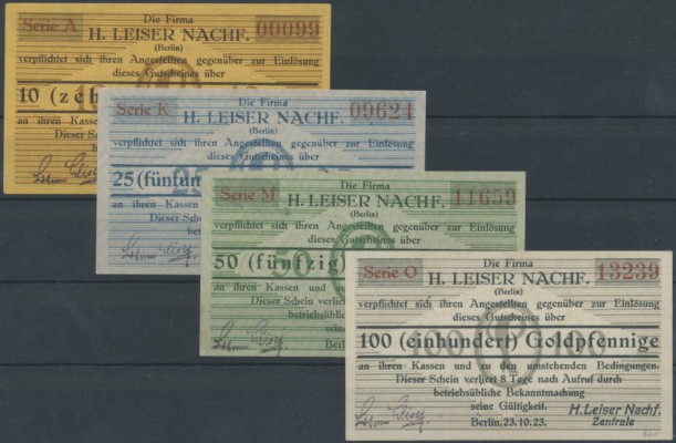 Berlin, H. Leisler Nachf., 10, 25, 50, 100 GPf., 23.10.1923, Erh. I, 4 Scheine