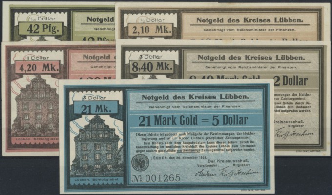 Lübben, Kreis, 42 GPf., 2.10, 4.20, 8.40, 21 GMk, 20.11.1923, Erh. I, 5 Scheine