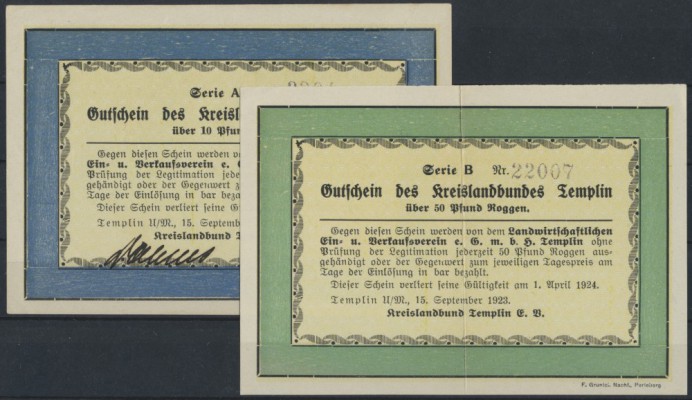 Templin, Kreislandbund, 10 (Erh. I), 50 (Erh. II) Pfund Roggen, 15.9.1923, 10 Pf...