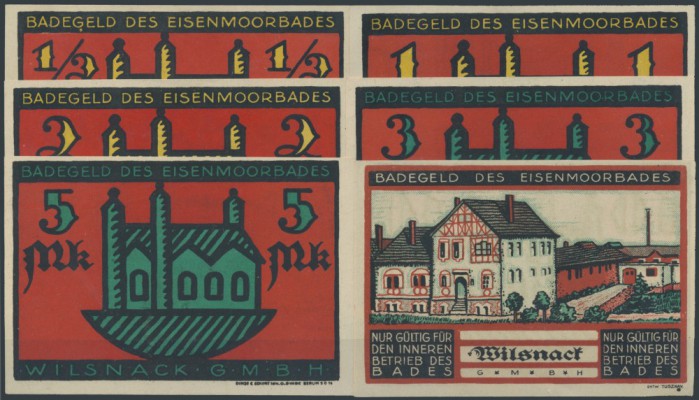 Wilsnack, Eisenmoorbad Wilsnack GmbH, 1/2, 1, 2, 3, 5, 10 Mark, o. D., ohne Stem...