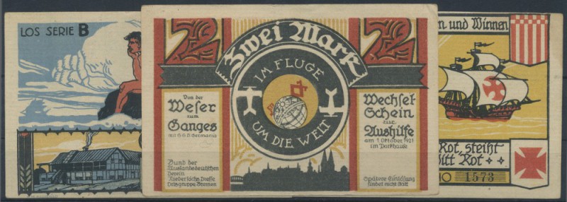 Bremen, Bund der Auslandsdeutschen, 50 Pf., 1, 2 Mark, 1.10.1921, mit KN, Erh. I...