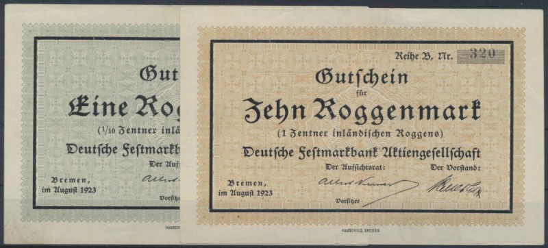 Deutsche Festmarkbank AG, 1, 10 Roggemnark, August 1923, Wz. Winterwellen, Erh. ...