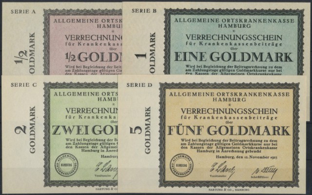 Hamburg, Allgemeine Ortskrankenkasse, 1/2, 1, 2, 5 Goldmark, 12.11.1923, ohne KN...