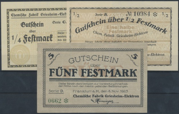 Frankfurt, Chem. Fabrik Griesheim-Elektron, 1/4, 1/2, 5 Festmark, 8.11.1923, Erh...