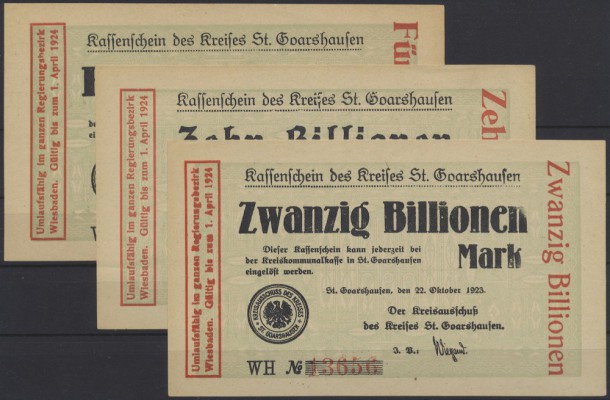 St. Goarshausen, Kreis, 5, 10, 20 Billionen Mark, 22.10.1923, Serie WH, Unterdru...