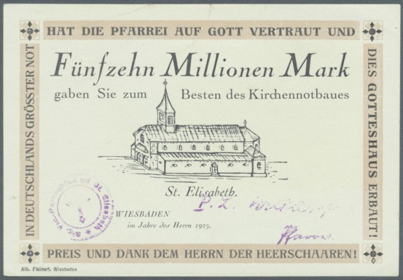 Wiesbaden, St. Elisabeth, 15 Millionen Mark, 1923, Spendenschein, Erh. I