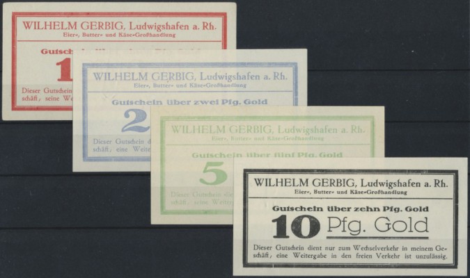 Ludwigshafen, Wilhelm Gerbig, 1, 2, 5, 10 GPf., o. D., 2 und 10 Pf. mit ”eine”, ...