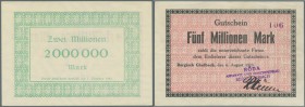 Bergisch Gladbach, Berzelius Metallhütten AG, 2, 3, 5 Mio. Mark, 6.8.1923, Erh. I-II, RÖDA Apparate und Maschinenbau, 5 Mio. Mark, 6.8.1923, Erh. II-,...
