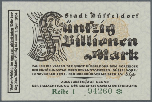 Düsseldorf, Stadt, 50 Billionen Mark, 10.11.1923, Erh. I