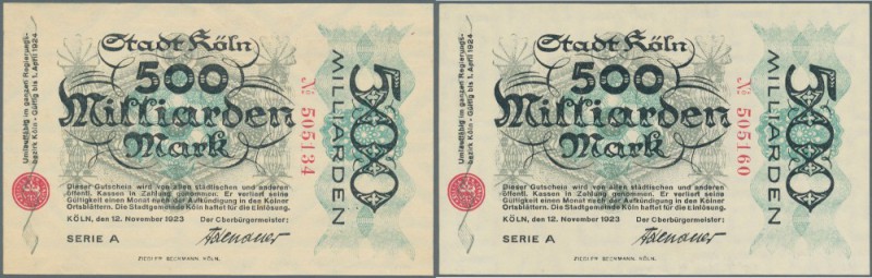 Köln, Stadt, 500 Mrd. Mark, 12.11.1923, Wz. Deltamuster und Wz. C-Kreuz-Muster, ...