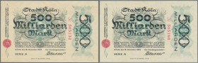Köln, Stadt, 500 Mrd. Mark, 12.11.1923, Wz. Deltamuster und Wz. C-Kreuz-Muster, beide No KN, beide Erh. I-II, 2 nicht häufige Scheine