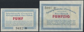 Porz, Spiegelglaswerke Germania AG, 5, 50 (GPf.), o. D., Druck blau, Erh. I, 2 Scheine