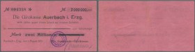 Auerbach i. Erzg., Gemeinde-Girokasse, 2 Mio. Mark, 1.8.1923, gedr. Scheck auf Girokasse Auerbach, Raum für Empfängername durchbalkt, Erh. III