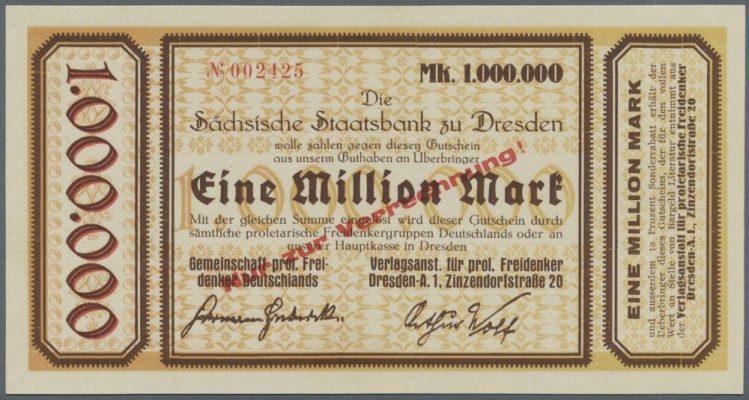 Dresden, Gemeinschaft prolet. Freidenker Deutschlands, 1 Million Mark, Gutschein...