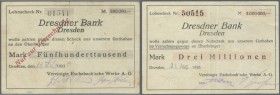 Dresden, Vereinigte Eschebach'sche Werke AG, 500 Tsd. Mark, 16.8.1923 (handschr.), Scheck auf Dresdner Bank, 3 Mio. Mark, 31.8.1923 (gestempelt), Nots...