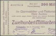 Glauchau, Ernst Seifert, 200 Mrd. Mark, 7.11.1923, Scheck auf Darmstädter und Nationalbank Zwickau, rechte Scheinhälfte mittels Perforation abgetrennt...