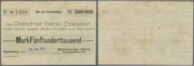 Radeberg, Radeberger Bank AG, 500 Tsd. Mark, 17.8.1923, Scheck auf Dresdner Bank, Datum (gestempelt) nicht bei Keller, Erh. IV