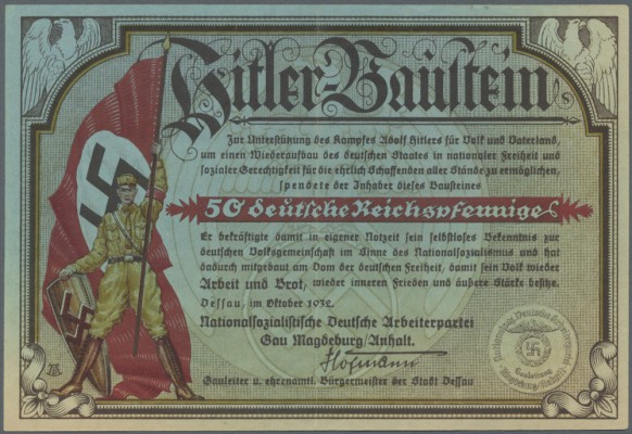 Dessau, NSDAP Gau Magdeburg, 50 Reichspfennig, Oktober 1932, ”Hitler-Baustein”, ...