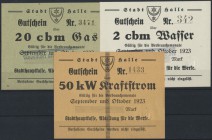 Halle, Stadthauptkasse, Abteilung für die Werke, 50 kW Kraftstrom, September und Oktober 1923, 2 cbm Wasser, 20 cbm Gas, November und Dezember 1923, E...