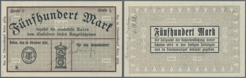 Aalen, Stadt, 500 Mark, 10.10.1922, Serie I, ohne KN, beidseitig bedruckt, Entwu...