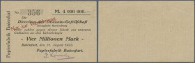 Baienfurt, Papierfabrik, 4 Mio. Mark, 31.8.1923 Datum gedruckt (!), Erh. II, weder bei Keller noch bei Karau verzeichnet, von größter Seltenheit