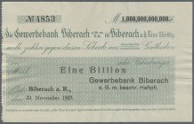 Biberach, Gewerbebank, 1 Billion Mark, 20.11.1923, gedruckter Eigenscheck, ohne Uschr., wasserwellig, Erh. II