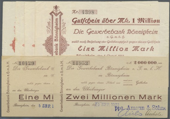 Bönnigheim, Gewerbebank, 100 Tsd, 300 Tsd, 500 Tsd, 1 Mio. Mark, 8.8.1923, 1, 2 ...