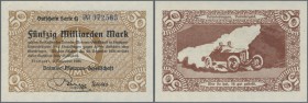 Stuttgart, Daimler-Motoren-Gesellschaft, 50 Mrd. Mark, 2.11.1923, 2 kassenfrische Scheine, davon bei einem KN in roter Tinte ausgestrichen und darüber...