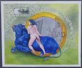 Ölgemälde auf Leinwand von K.Faustus mit der Darstellung der Europa auf dem Stier zur Euro-Einführung und einer echten 5-DM-Note der Bank Deutscher Lä...