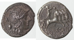 Repubblica Romana. Gens Cassia. C. Cassius Longinus. ca 126 a.C. Denario. Ag. D/ Testa elmata di Roma a destra; dietro X ed urna votiva. R/ Libertas i...