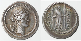 Repubblica Romana. Gens Clodia. Publius Clodius. 42 a.C. Denario. Ag. D/ Testa di Apollo verso destra, dietro una lira. R/ P CLODIVS M F (Publius Clod...