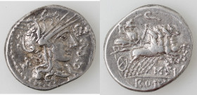 Repubblica Romana. Gens Curtia. Quintus Curtius. 116-115 a.C. Denario. Ag. D/ Q CVRT (Quintus Curtius) Testa di Roma verso destra, dietro X. R/ M SILA...