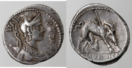 Repubblica Romana. Gens Hosidia. C.Hosidius C.f.Geta. 68 a.C. Denario. Ag. D/ GETA III VIR busto di Diana con arco e faretra verso destra. R/ il cingh...